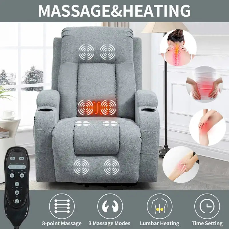 Fauteuil inclinable releveur électrique, fauteuil de massage moderne à moteur unique avec chauffage lombaire, port de chargement USB, porte-gobelets