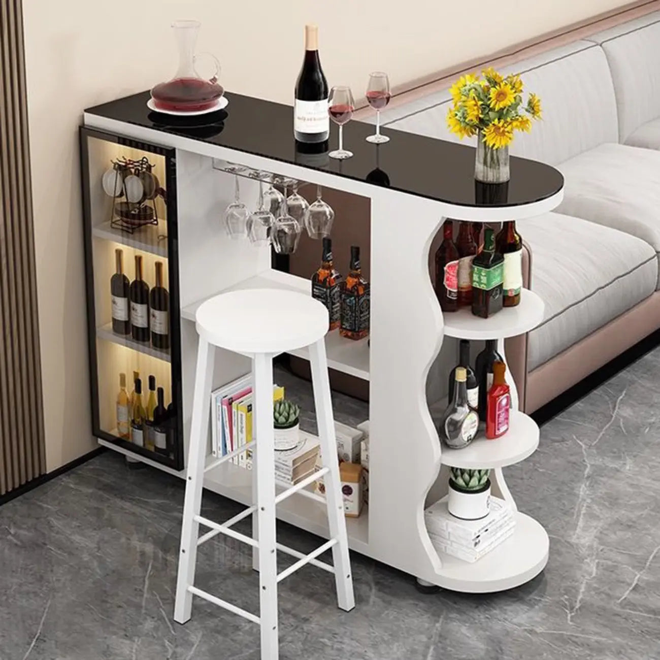 Table de bar contemporaine en pierre à plateau libre avec rangement pour bars à domicile