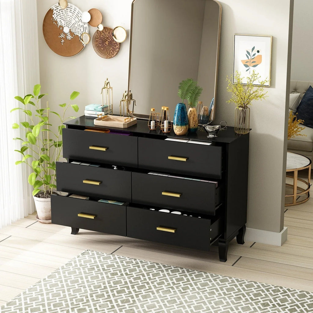 Commode double Timechee 6 tiroirs 47,2 po de largeur, pieds en bois massif, fini laqué