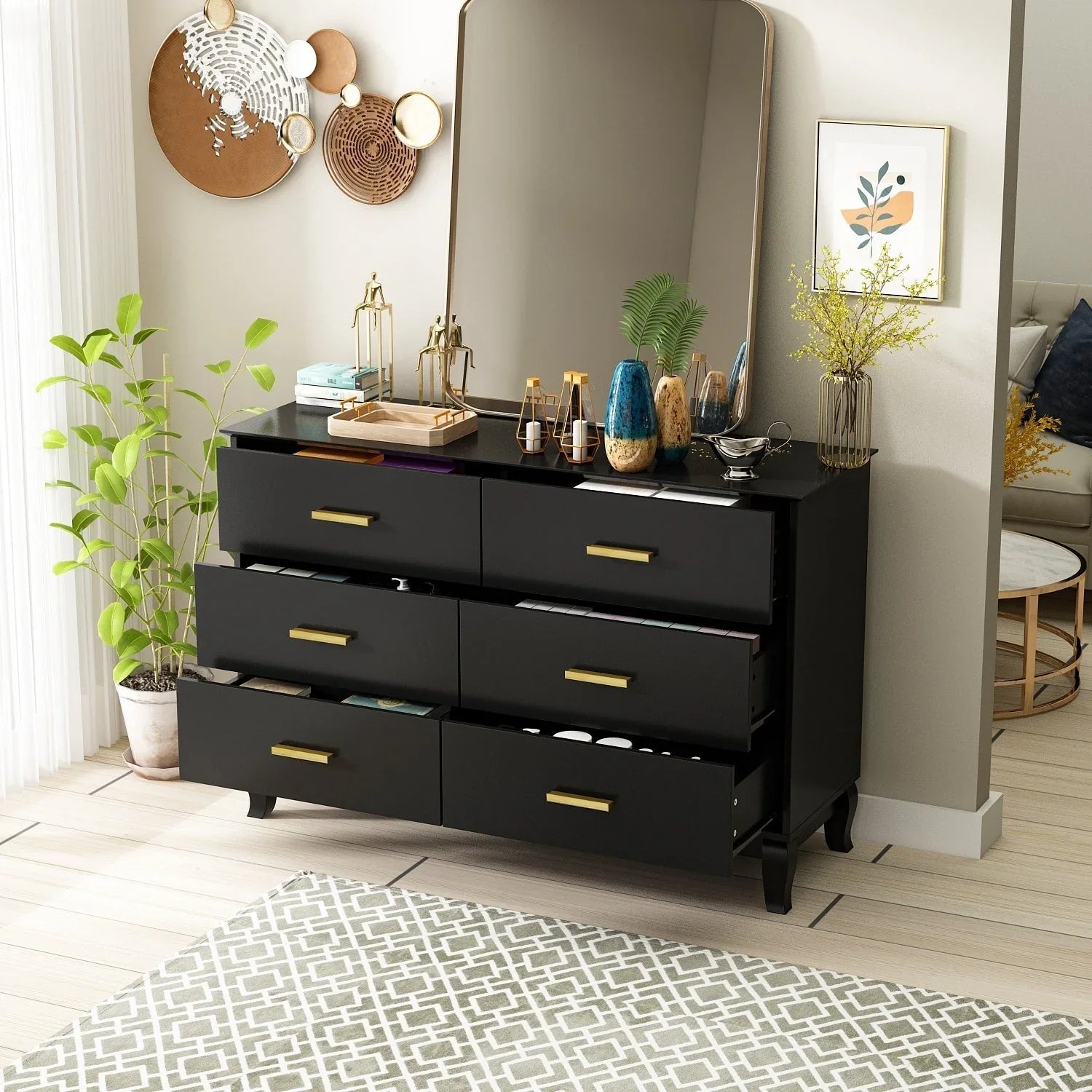 Commode double Timechee 6 tiroirs 47,2 po de largeur, pieds en bois massif, fini laqué