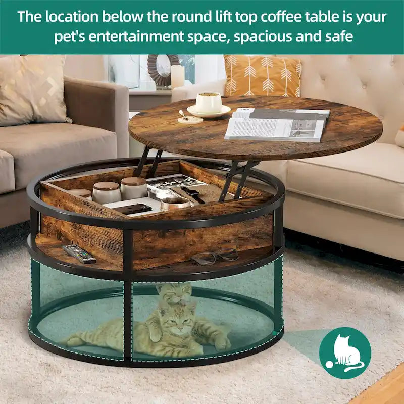 Table basse ronde relevable et extensible avec rangement dissimulé