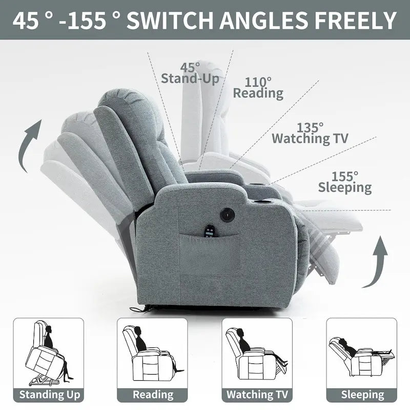 Fauteuil inclinable releveur électrique, fauteuil de massage moderne à moteur unique avec chauffage lombaire, port de chargement USB, porte-gobelets