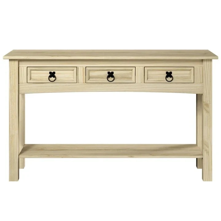Console de couloir rustique en pin massif, blanc cérusé / marron antique / gris cérusé / non peinte, 3 tiroirs