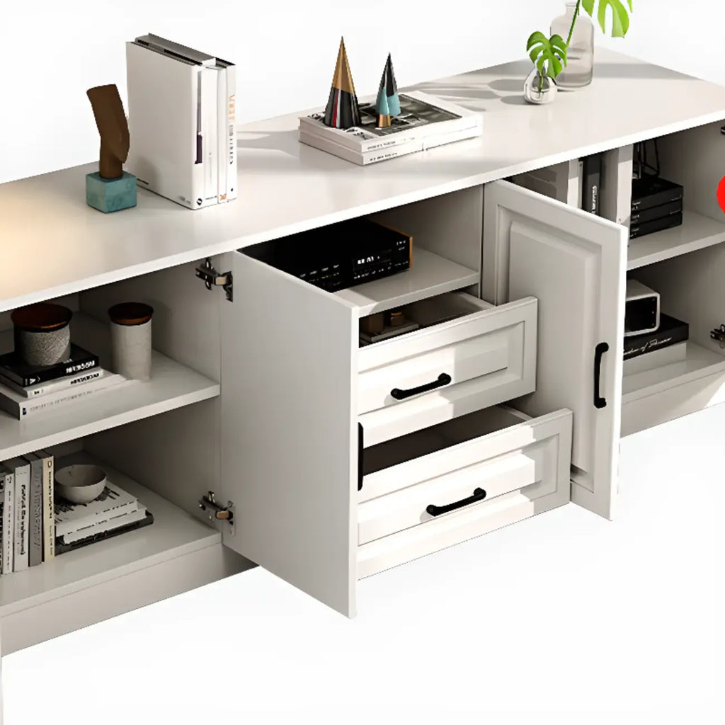 Meuble TV moderne blanc en bois avec rangement et gestion des câbles