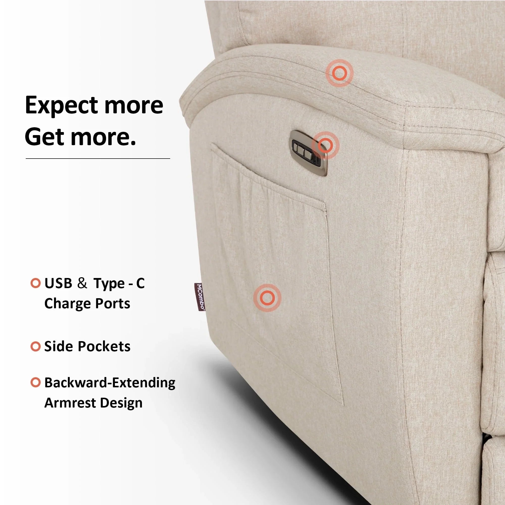 Canapé inclinable électrique MCombo 60,2 po avec massage et double chauffage, appuie-tête réglable, ports USB et Type C, tissu
