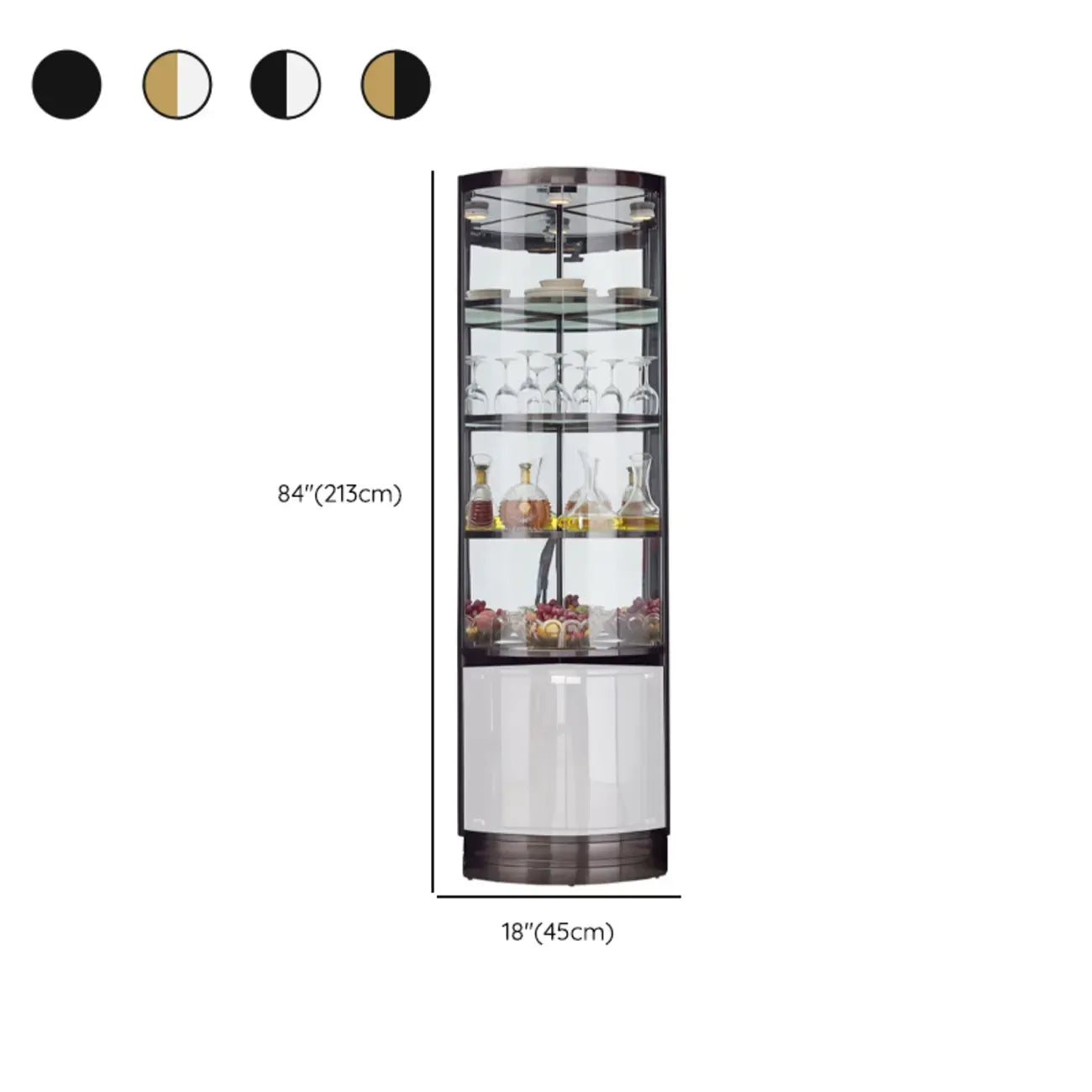 Meuble d'angle à vin avec étagères en verre et métal à plusieurs niveaux