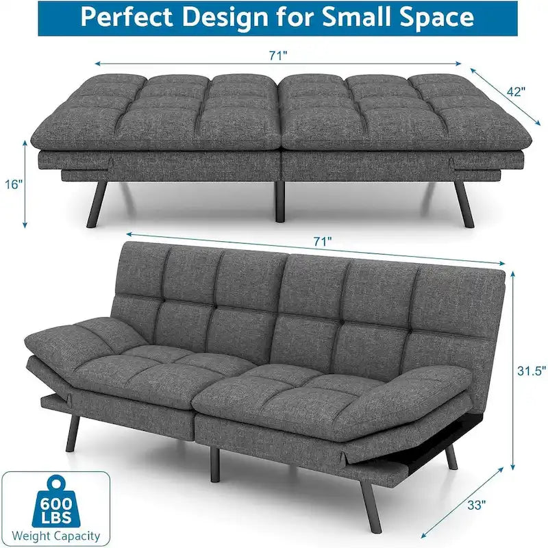 Canapé-lit futon en mousse à mémoire de forme convertible avec dossier inclinable réglable pour petits espaces
