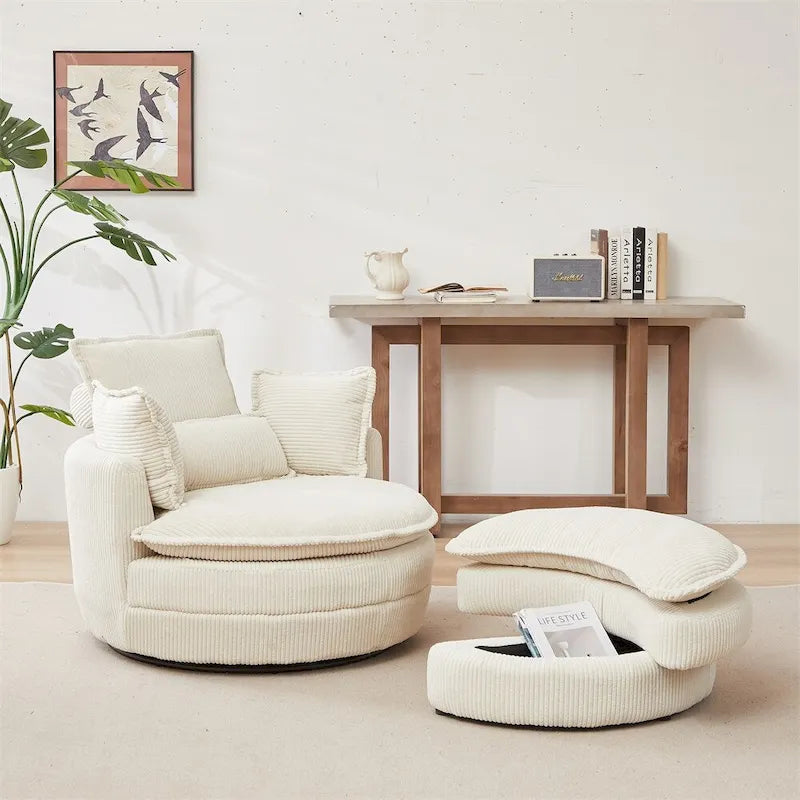 Fauteuil pivotant surdimensionné avec pouf de rangement lune et 4 oreillers