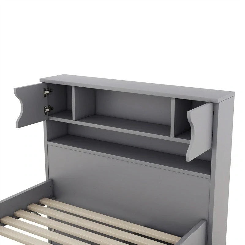 Lit plateforme capitaine double/grand avec 4 tiroirs et étagères de rangement, cadre de lit en bois massif avec tête de lit bibliothèque de rangement