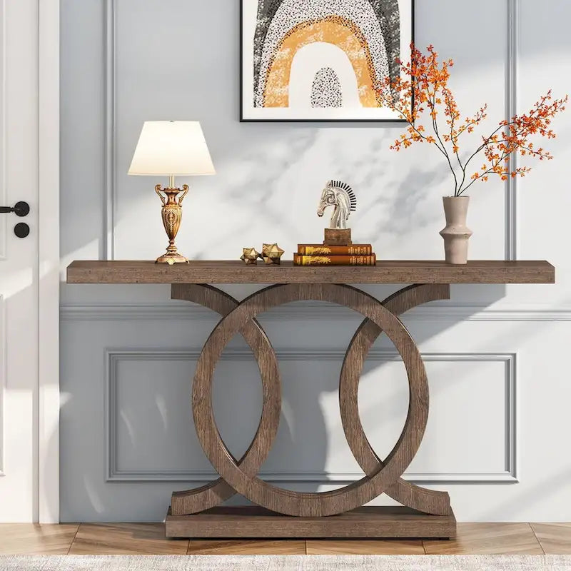 Console de style vintage avec base géométrique, table de couloir en bois