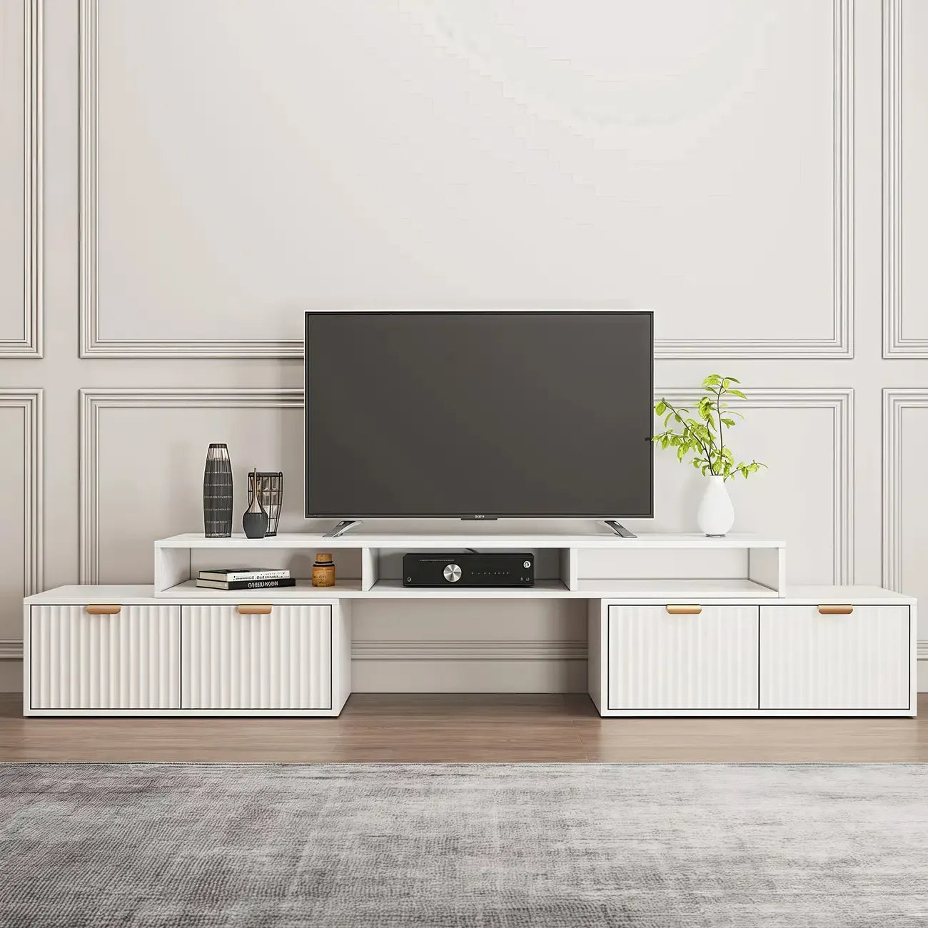 Meuble TV d'angle moderne blanc avec 2 tiroirs et rangement ouvert