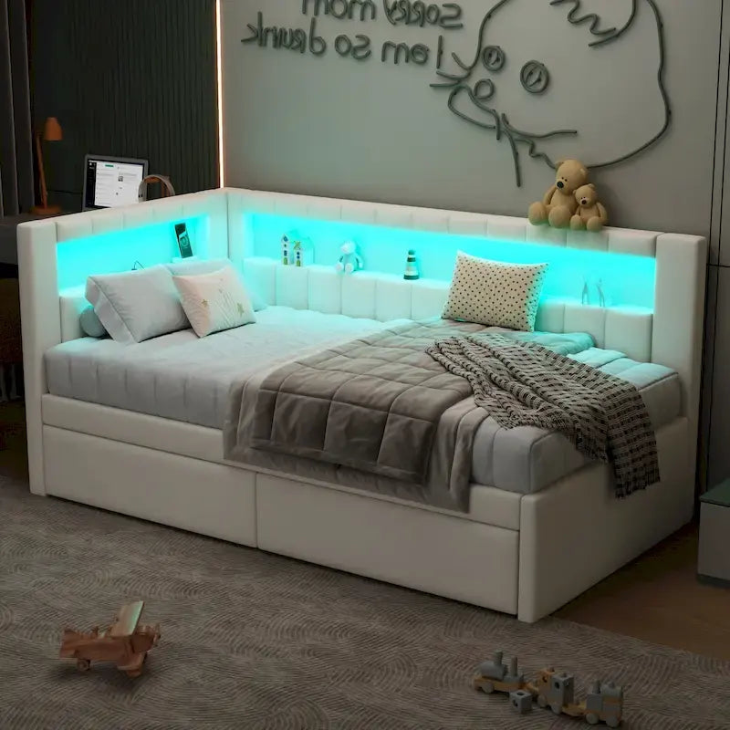 Lit plateforme rembourré avec ports USB et éclairage LED - Cadre de lit double/simple avec 2 tiroirs de rangement - Chambre à coucher moderne