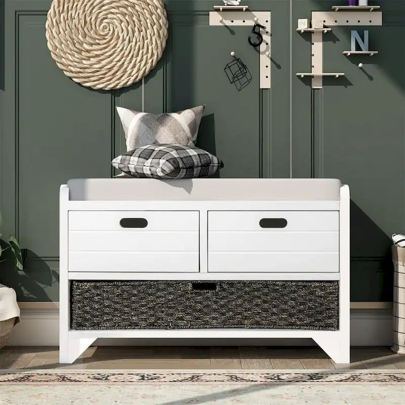 Banc de rangement en bois avec 2 paniers tressés