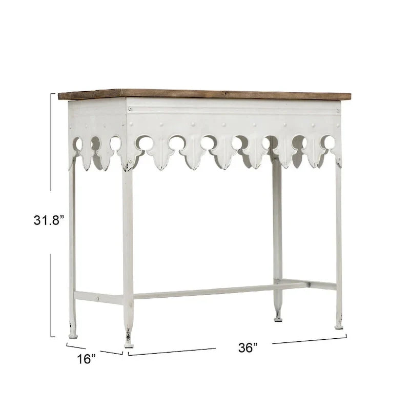 Console en métal finition zinc et bois à bord festonné