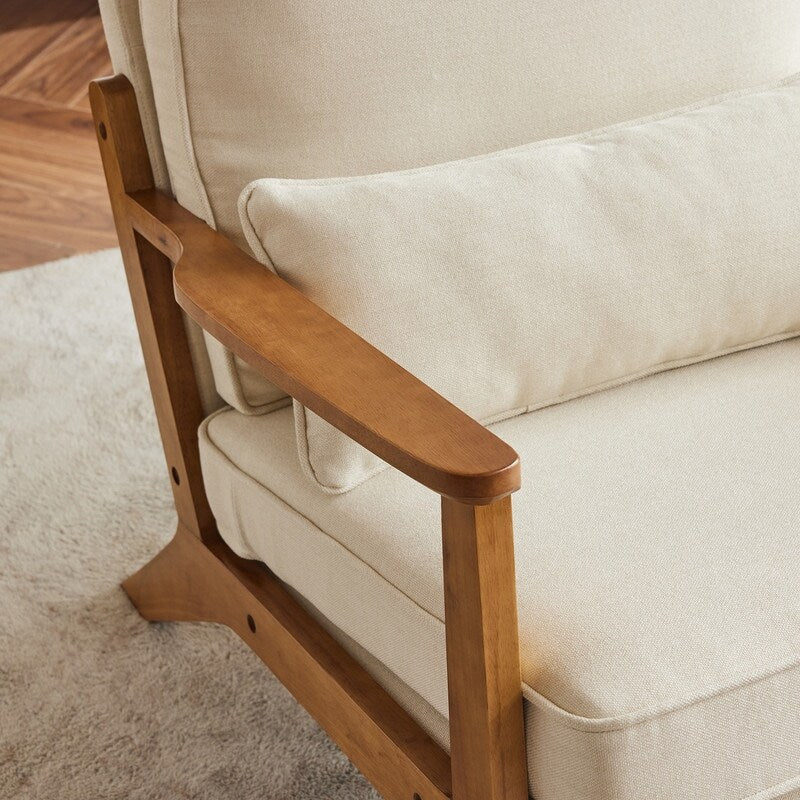 Fauteuil d'appoint rembourré en mélange de lin avec pieds en bois et un oreiller beige