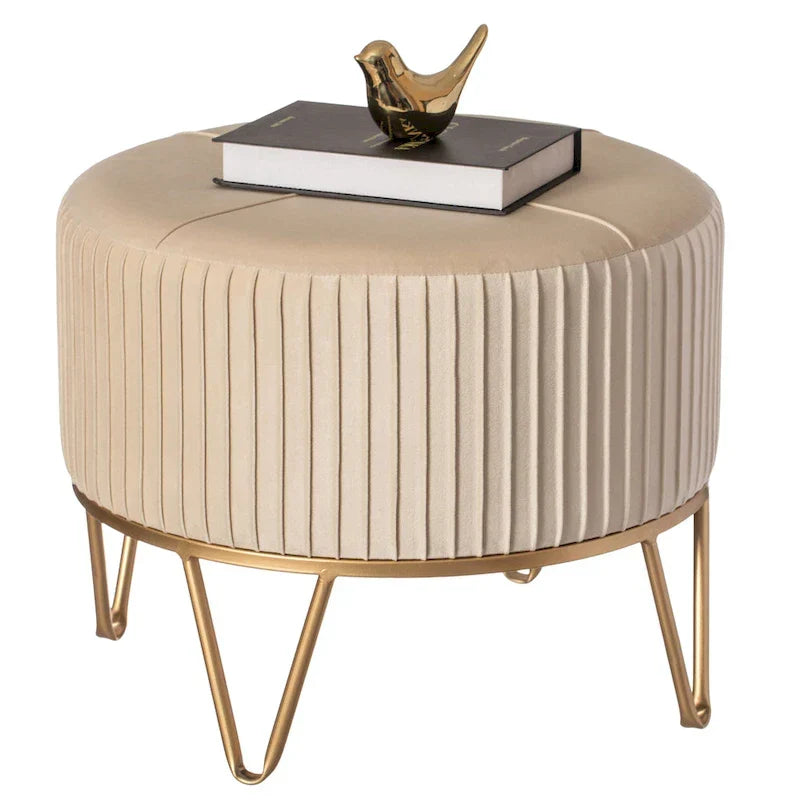 Tabouret pouf rond en velours surélevé avec base dorée épingle à cheveux