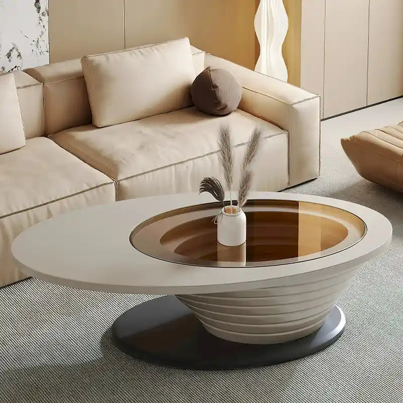 Table Basse Ovale en Verre Moderne Minimaliste Luxe Léger avec Base Grise 130 cm - L 130 cm x l 65 cm x H 36,5 cm