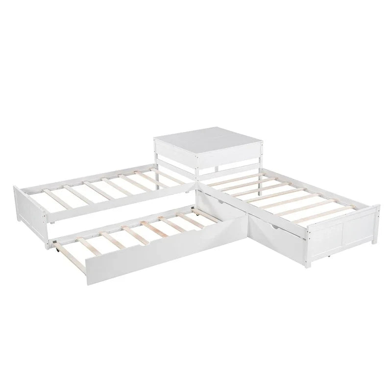 Lit plateforme en L moderne blanc de taille double avec lit gigogne et tiroirs pour chambre à coucher