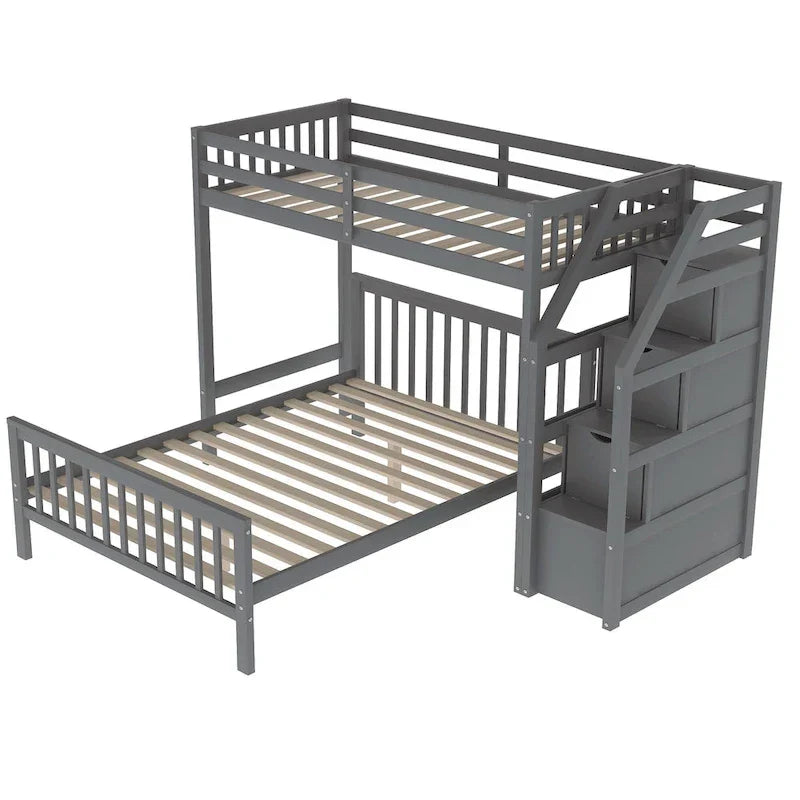 Lit mezzanine double sur lit double en bois avec escalier, balustrades hautes et échelle
