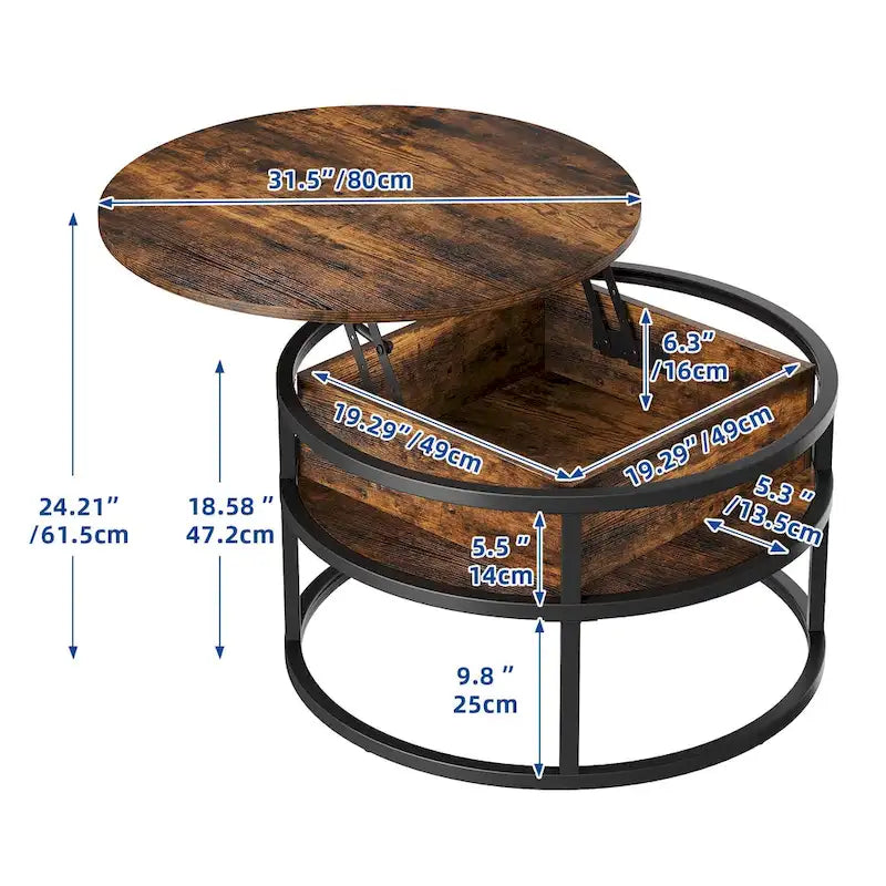 Table basse ronde relevable Moasis Farmhouse avec rangement dissimulé et étagère