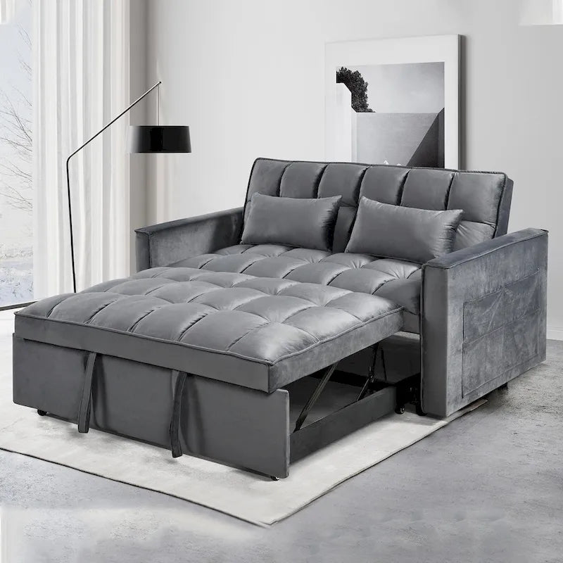 Causeuse moderne en velours avec dossier inclinable et poches, 2 places – Gris foncé / Gris clair / Bleu / Noir