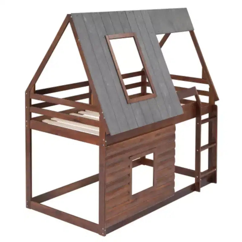 Lit superposé cabane en bois, taille double, avec toit, échelle et 2 fenêtres, chêne et gris fumé, bois de pin
