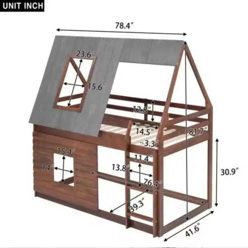 Lit superposé cabane en bois, taille double, avec toit, échelle et 2 fenêtres, chêne et gris fumé, bois de pin