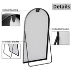 Miroir pleine longueur arqué noir en alliage d'aluminium à bords fins, 180x96cm, à poser ou mural avec support