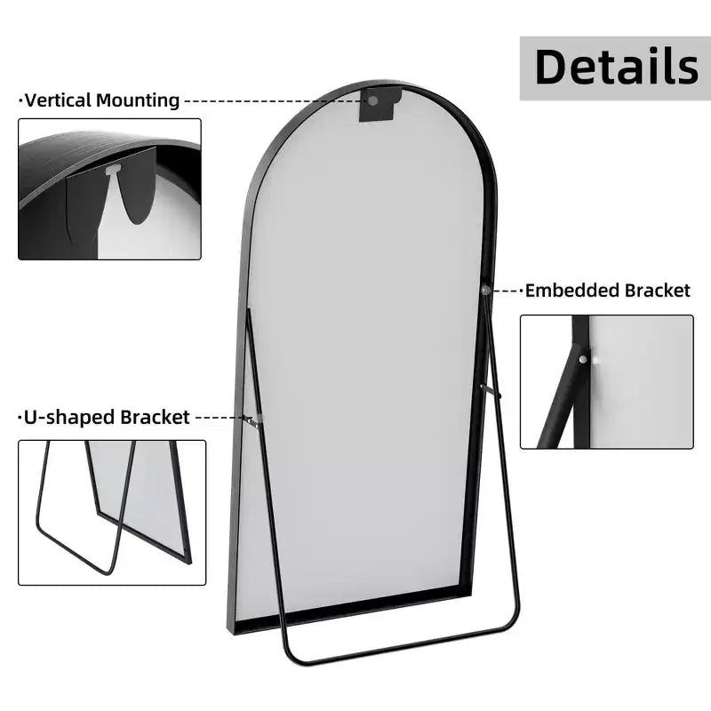 Miroir pleine longueur arqué noir en alliage d'aluminium à bords fins, 180x96cm, à poser ou mural avec support