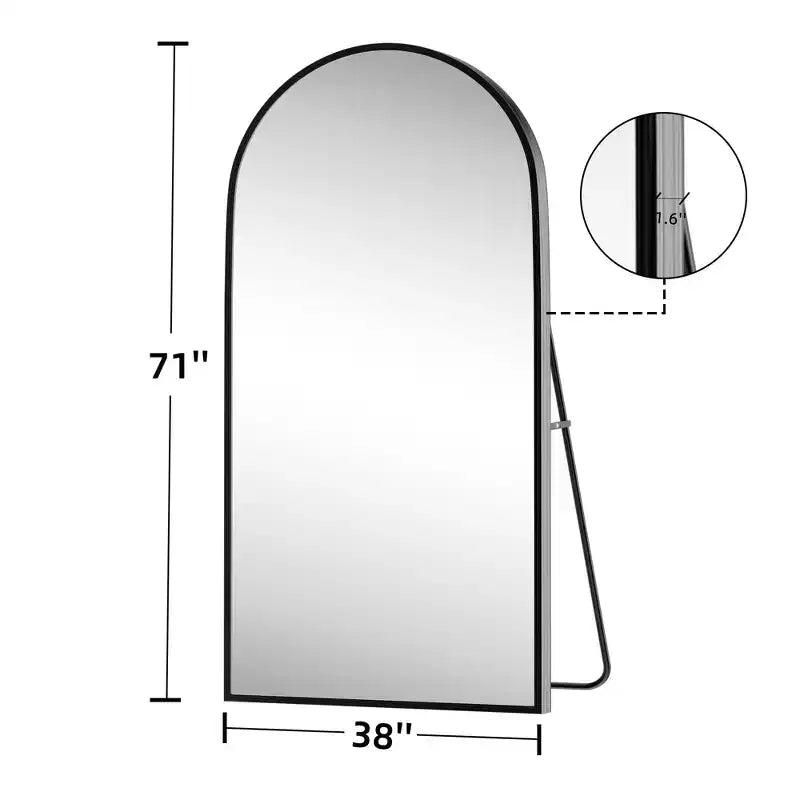 Miroir pleine longueur arqué noir en alliage d'aluminium à bords fins, 180x96cm, à poser ou mural avec support