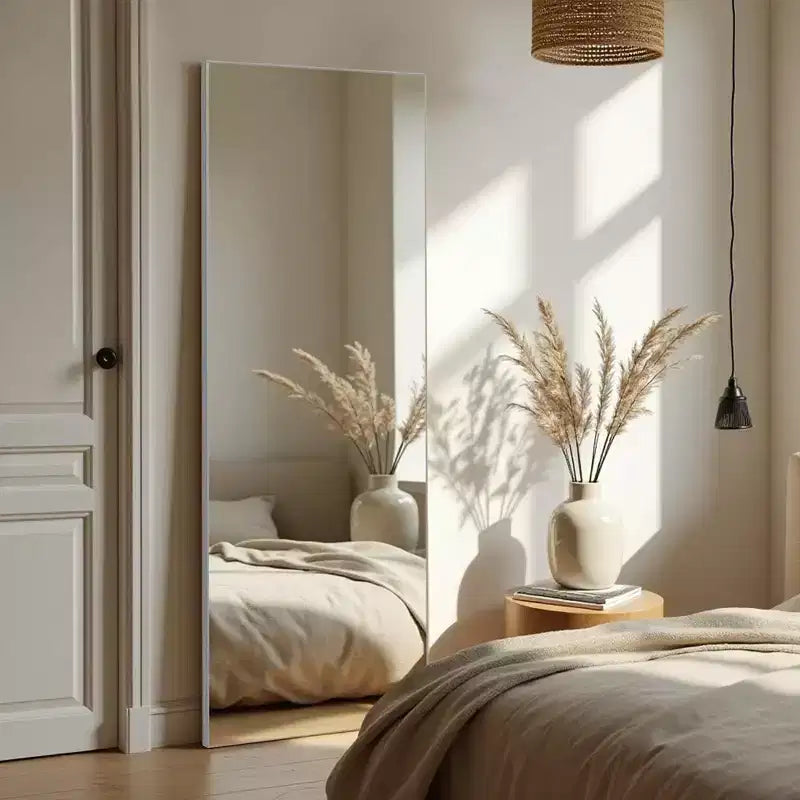 Miroir rectangulaire psyché en alliage d'aluminium argenté, bord fin, 163x54cm, avec support