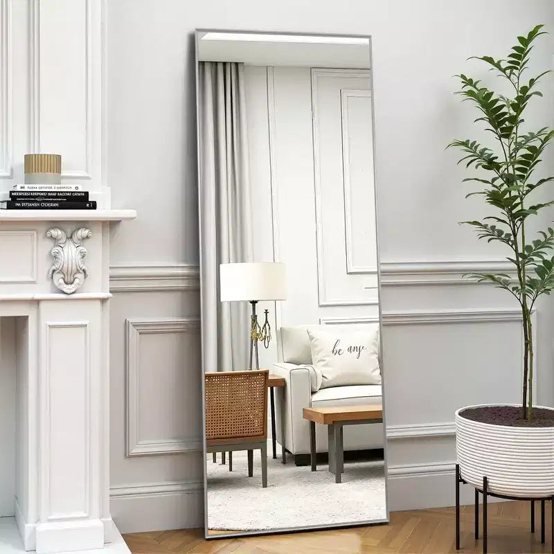Miroir rectangulaire psyché en alliage d'aluminium argenté, bord fin, 163x54cm, avec support
