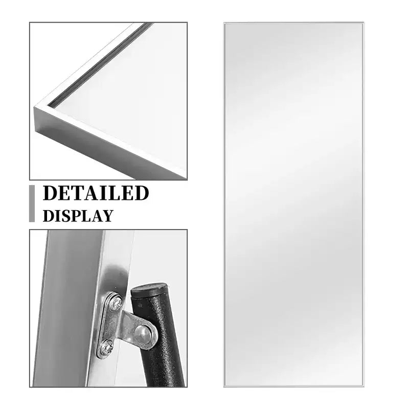 Miroir rectangulaire psyché en alliage d'aluminium argenté, bord fin, 163x54cm, avec support