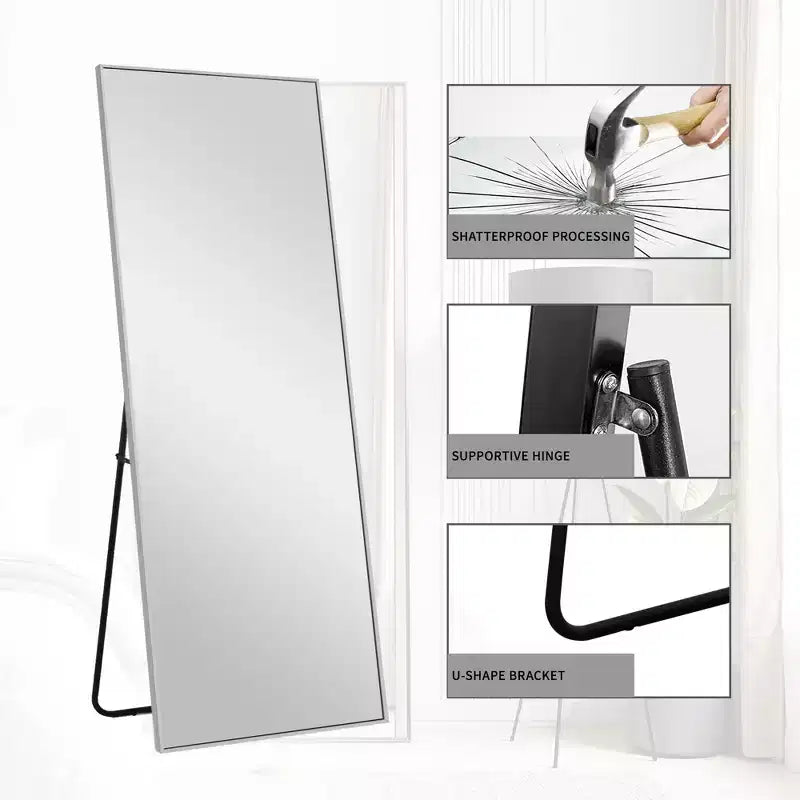 Miroir rectangulaire psyché en alliage d'aluminium argenté, bord fin, 163x54cm, avec support