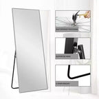 Miroir rectangulaire psyché en alliage d'aluminium argenté, bord fin, 163x54cm, avec support
