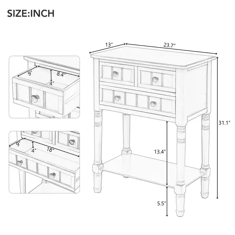 Console en bois rectangulaire de 60 cm avec 3 tiroirs, table d'entrée, finition bois naturel