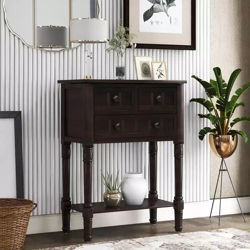 Console en bois rectangulaire de 60 cm avec 3 tiroirs, table d'entrée, finition bois naturel