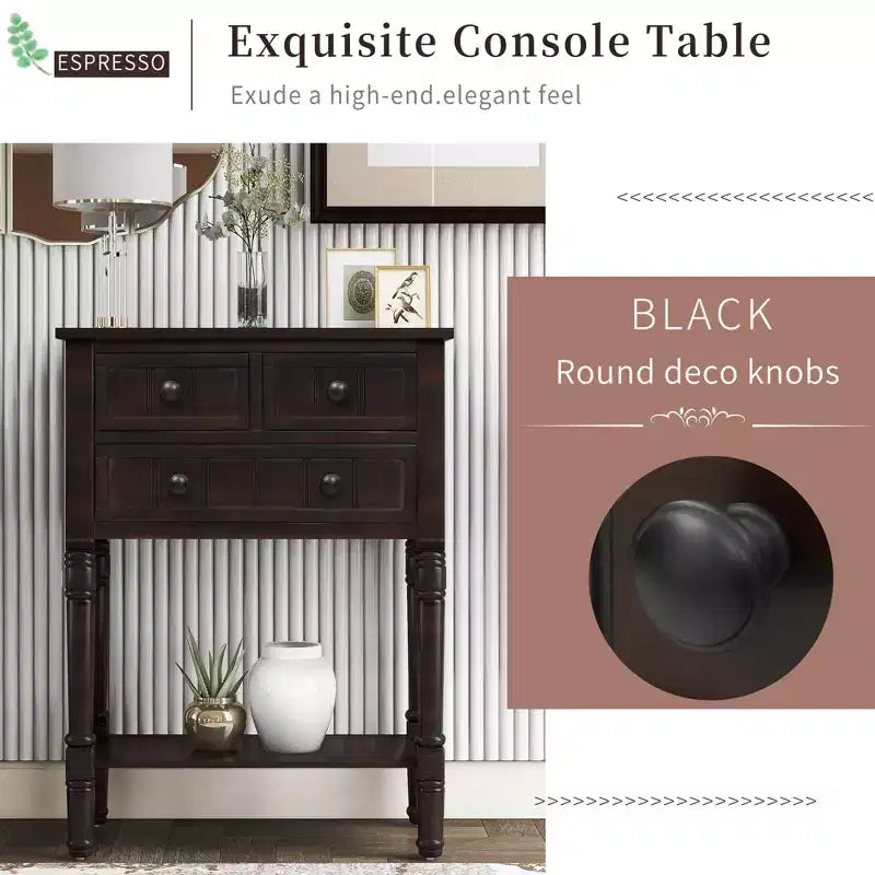 Console en bois rectangulaire de 60 cm avec 3 tiroirs, table d'entrée, finition bois naturel
