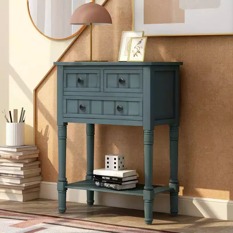 Console en bois rectangulaire de 60 cm avec 3 tiroirs, table d'entrée, finition bois naturel