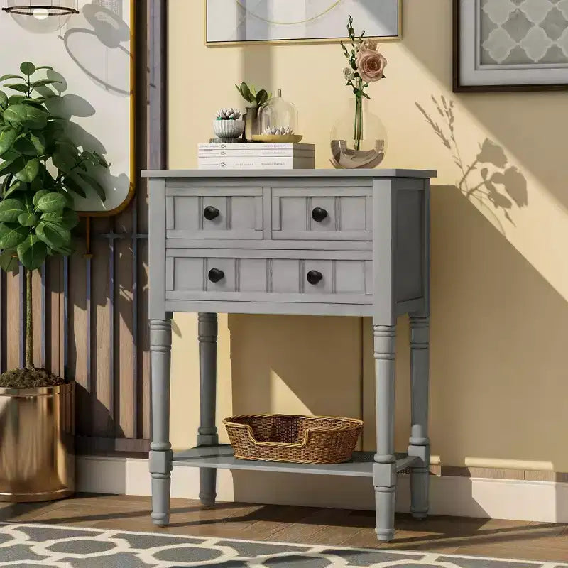 Console en bois rectangulaire de 60 cm avec 3 tiroirs, table d'entrée, finition bois naturel