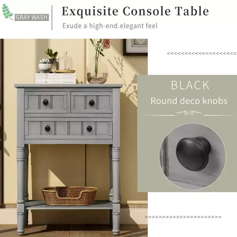 Console en bois rectangulaire de 60 cm avec 3 tiroirs, table d'entrée, finition bois naturel