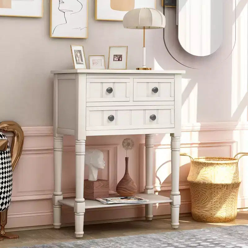Console en bois rectangulaire de 60 cm avec 3 tiroirs, table d'entrée, finition bois naturel