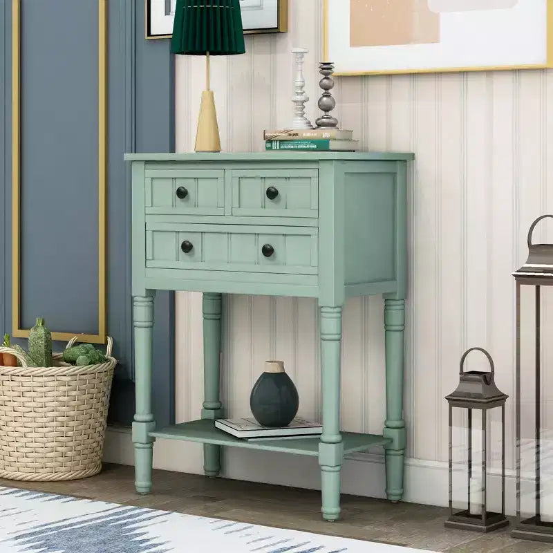 Console en bois rectangulaire de 60 cm avec 3 tiroirs, table d'entrée, finition bois naturel