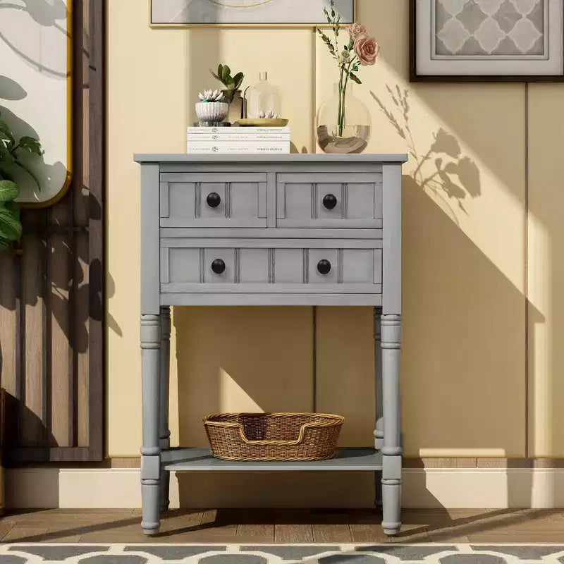 Console en bois rectangulaire de 60 cm avec 3 tiroirs, table d'entrée, finition bois naturel