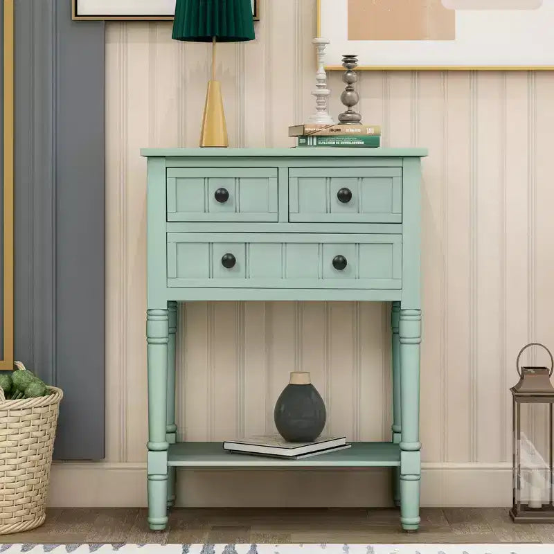 Console en bois rectangulaire de 60 cm avec 3 tiroirs, table d'entrée, finition bois naturel