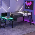 Full/Twin Size Loft Bed, Metal Gaming Bed Frame with Desk, Storage Shelves and LED Light, Black -ModernLuxe