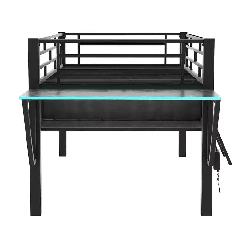 Lit mezzanine avec bureau, étagères de rangement et lumière LED, noir - ModernLuxe