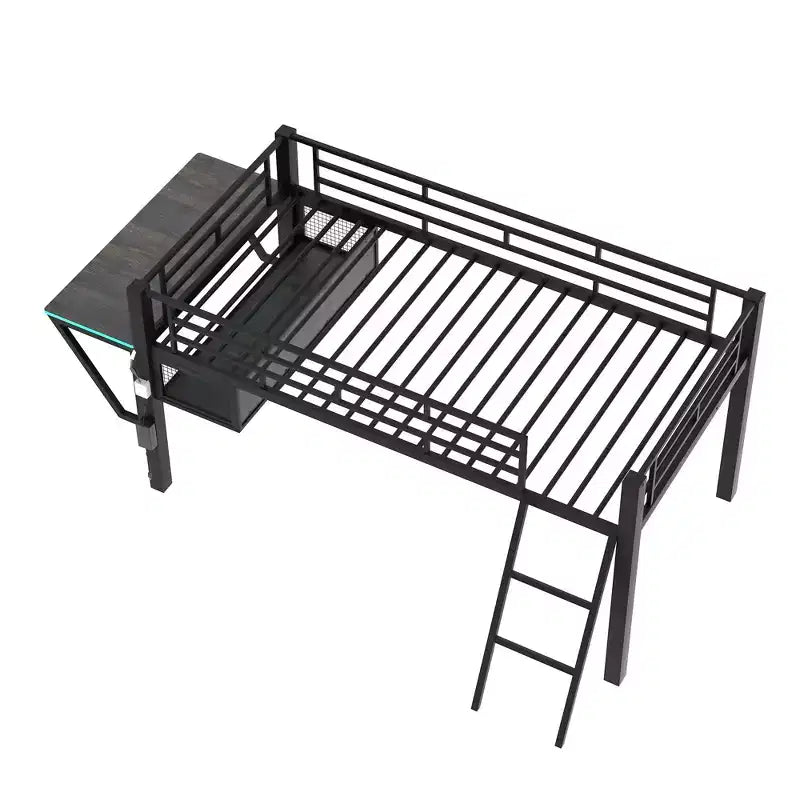 Lit mezzanine avec bureau, étagères de rangement et lumière LED, noir - ModernLuxe