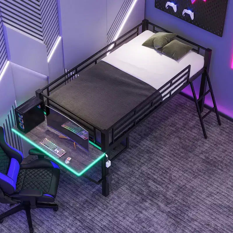 Lit mezzanine avec bureau, étagères de rangement et lumière LED, noir - ModernLuxe
