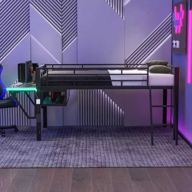 Lit mezzanine avec bureau, étagères de rangement et lumière LED, noir - ModernLuxe